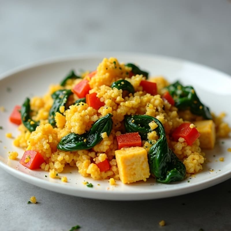 Fluffy Tofu Scramble with Sautéed Spinach and Bell Peppers