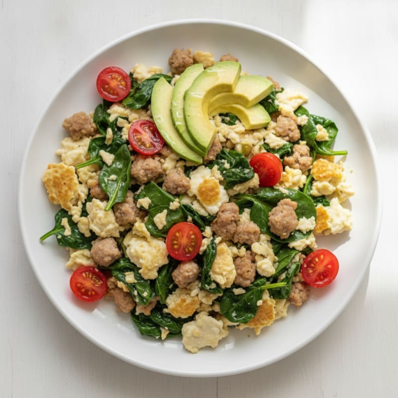 Egg White and Turkey Sausage Scramble with Sautéed Spinach