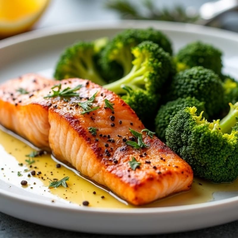 Crispy Pan-Seared Salmon with Lemon-Garlic Roasted Broccoli