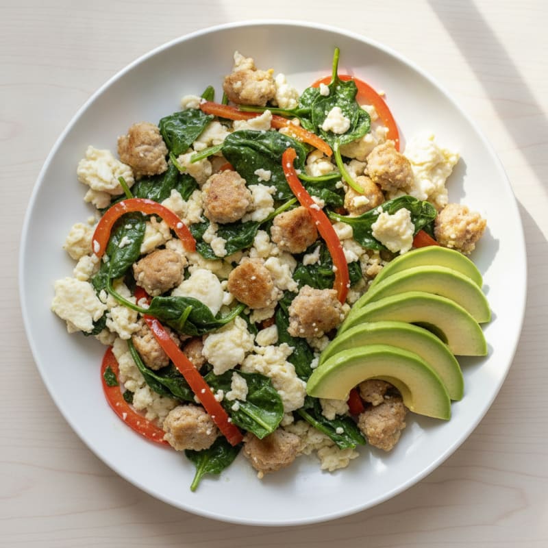 Egg White and Turkey Sausage Scramble with Sautéed Spinach