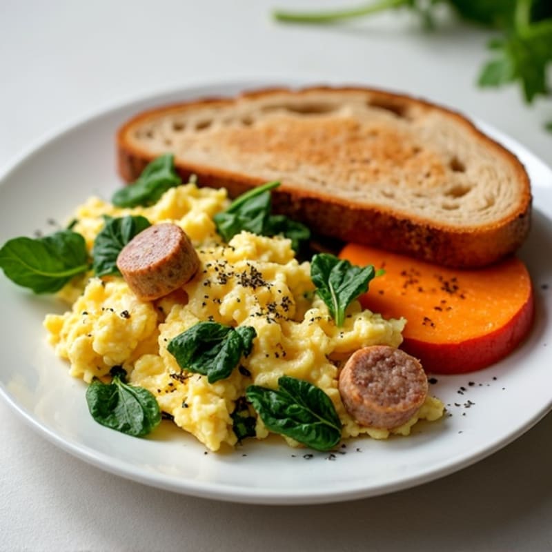 Egg White and Turkey Sausage Scramble with Spinach and Roasted Sweet Potato