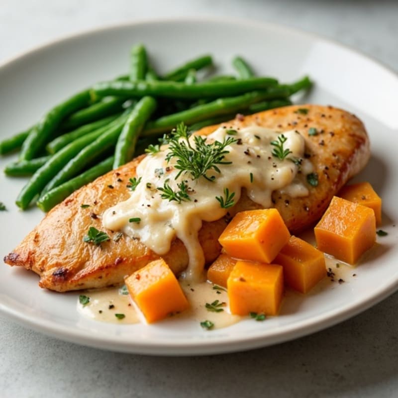 Chicken and Creamy Sweet Potato Bake with Crispy Green Beans