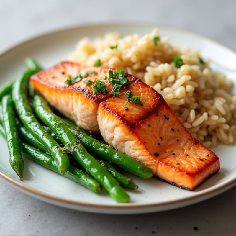 Seared Salmon with Garlic Green Beans and Brown Rice
