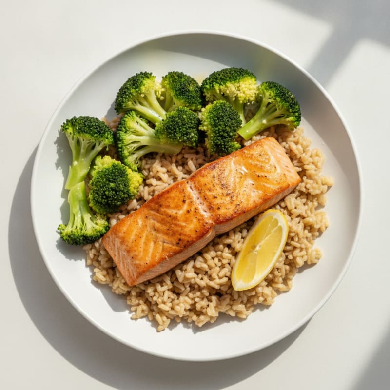 Seared Salmon with Steamed Broccoli and Brown Rice