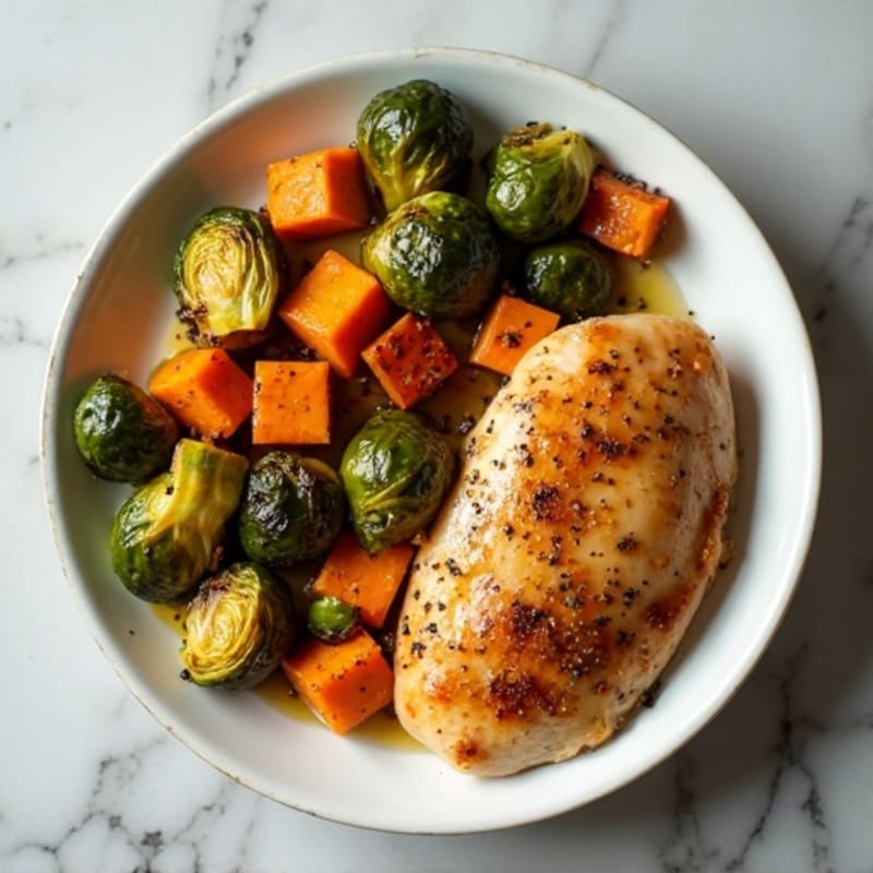 Sweet Potato and Chicken Sheet Pan Dinner with Roasted Brussels Sprouts