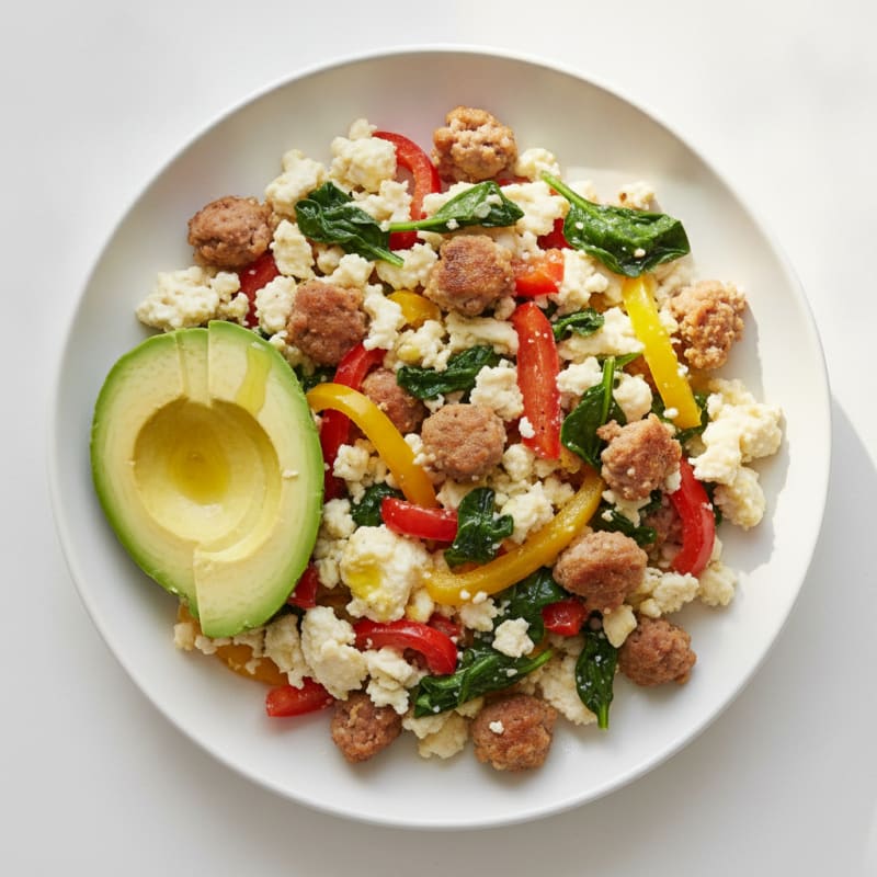 Egg White and Turkey Sausage Scramble with Spinach and Bell Peppers
