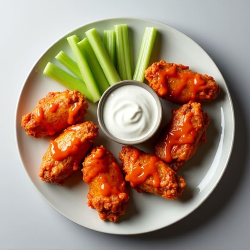 Buffalo Chicken Wings with Crunchy Celery and Greek Yogurt Dip