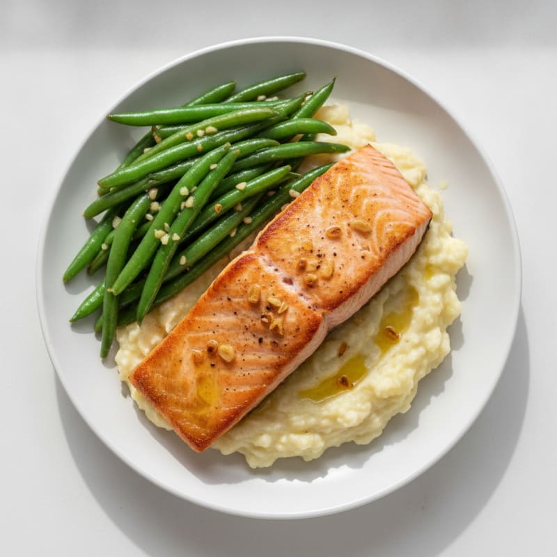 Seared Salmon with Garlic Green Beans and Cauliflower Mash
