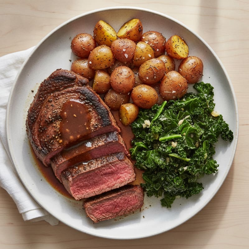 Pan-Seared Steak with Roasted Potatoes and Greens