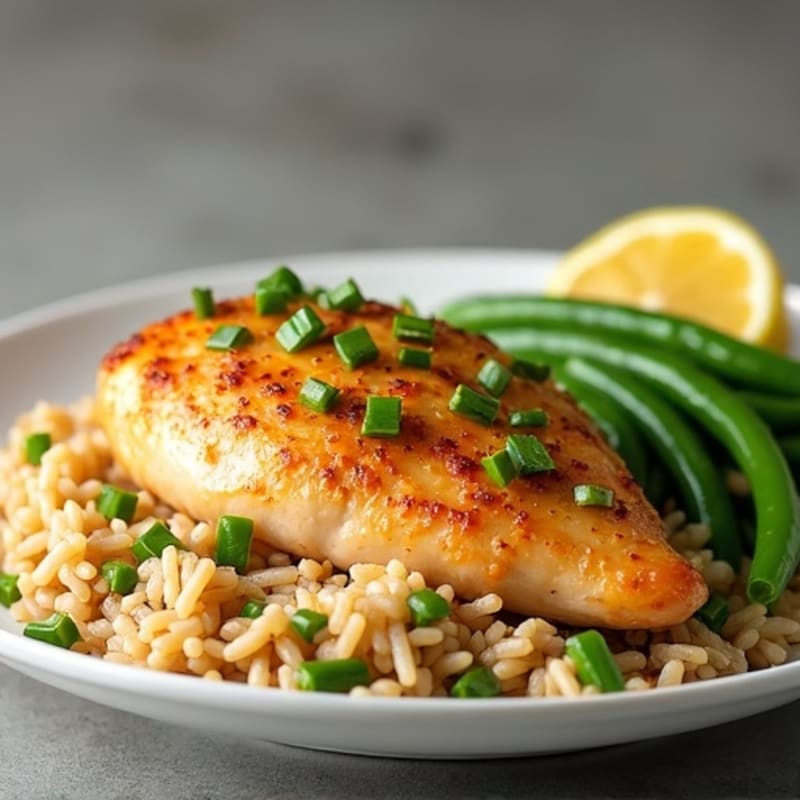 Lemon Garlic Roasted Chicken with Fluffy Brown Rice and Crispy Green Beans