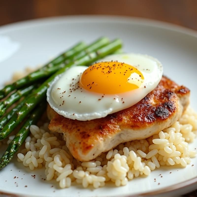 Seared Chicken Thighs with Garlic Rice and Steamed Asparagus