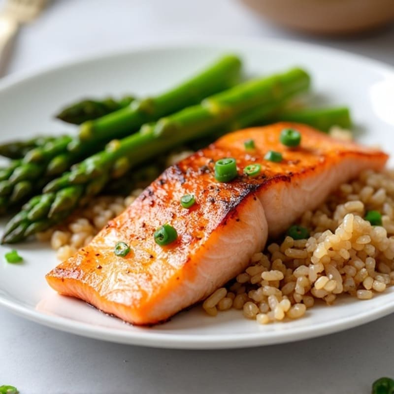 Seared Salmon with Steamed Asparagus and Brown Rice