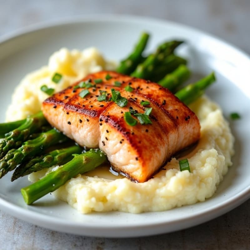 Seared Salmon with Steamed Asparagus and Cauliflower Mash