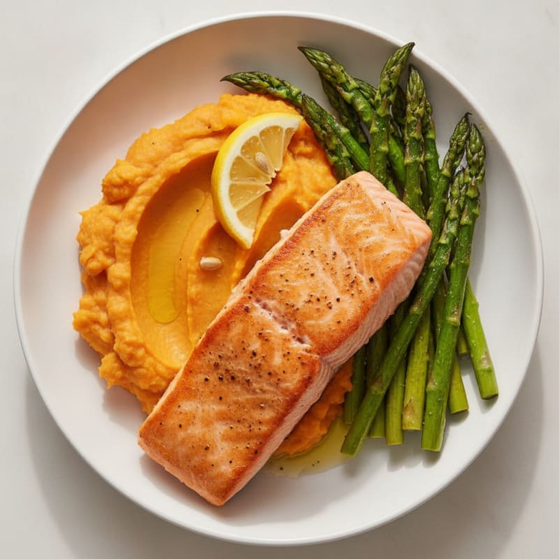 Seared Salmon with Roasted Asparagus and Sweet Potato Mash