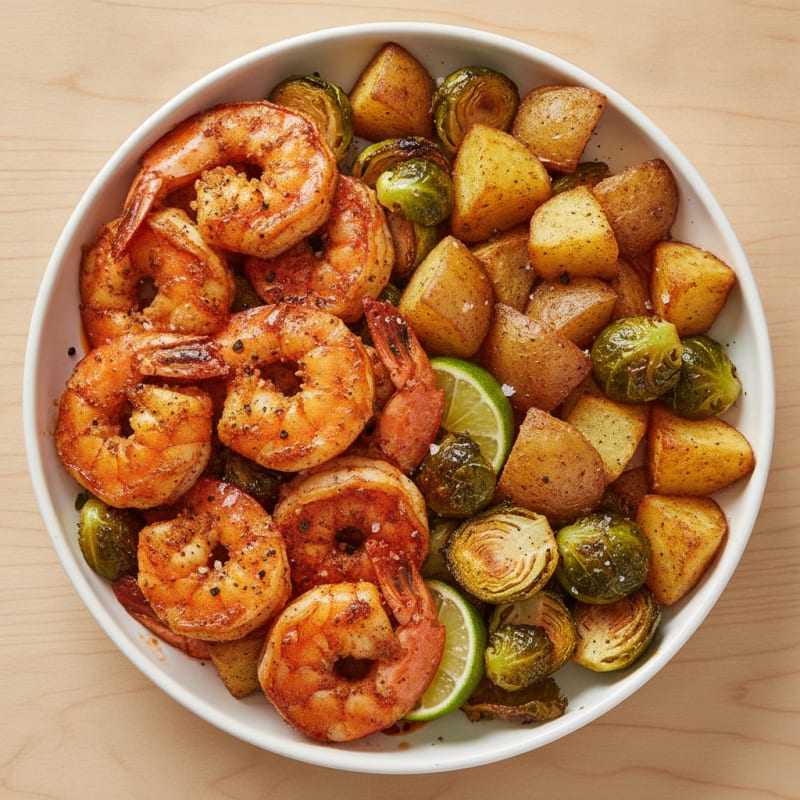 Jerk Shrimp with Roasted Potatoes and Brussels Sprouts