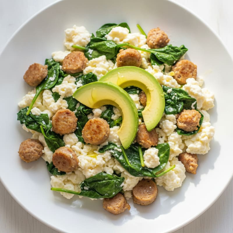 Egg White Scramble with Turkey Sausage and Sautéed Spinach