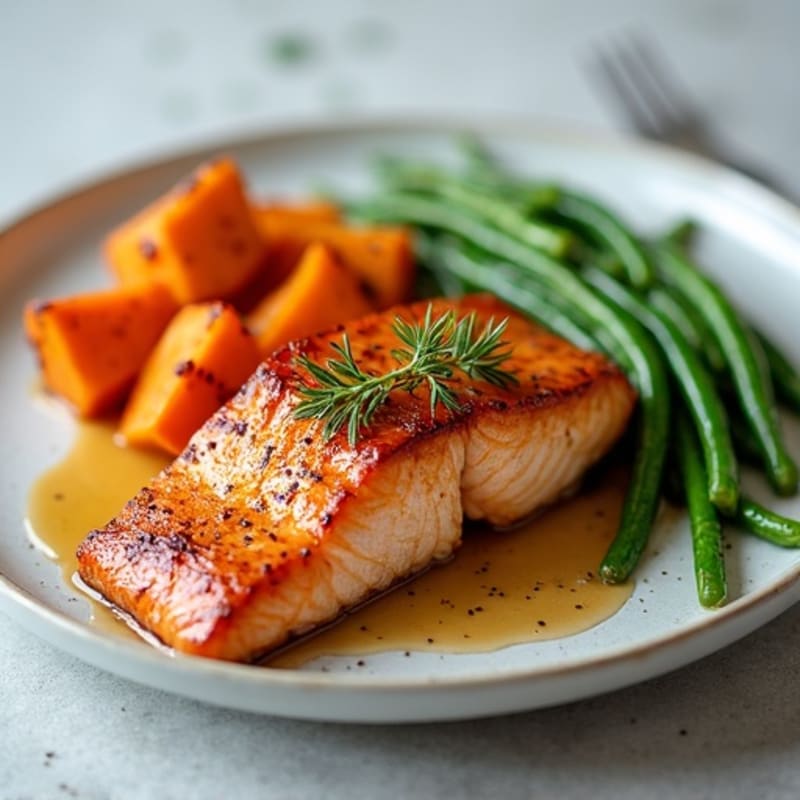 Maple-Glazed Salmon with Roasted Sweet Potatoes and Crispy Green Beans