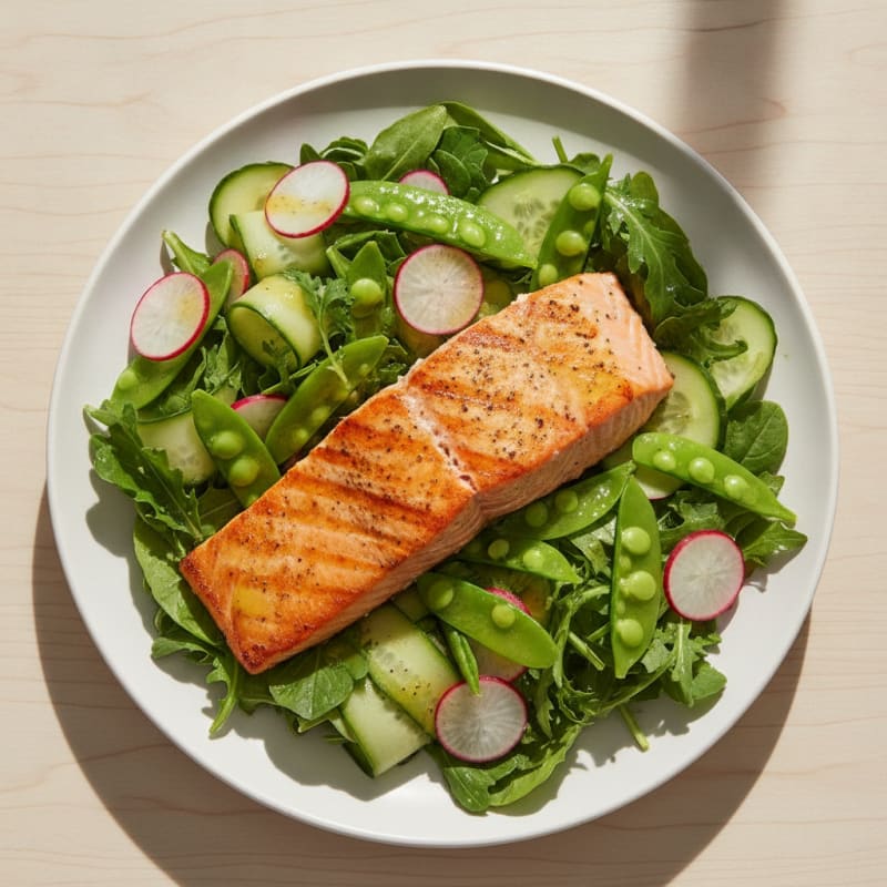 Grilled Salmon Salad with Crisp Vegetables and Lemon Vinaigrette
