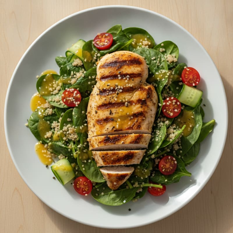 Grilled Chicken Breast with Quinoa Spinach Salad and Lemon Vinaigrette
