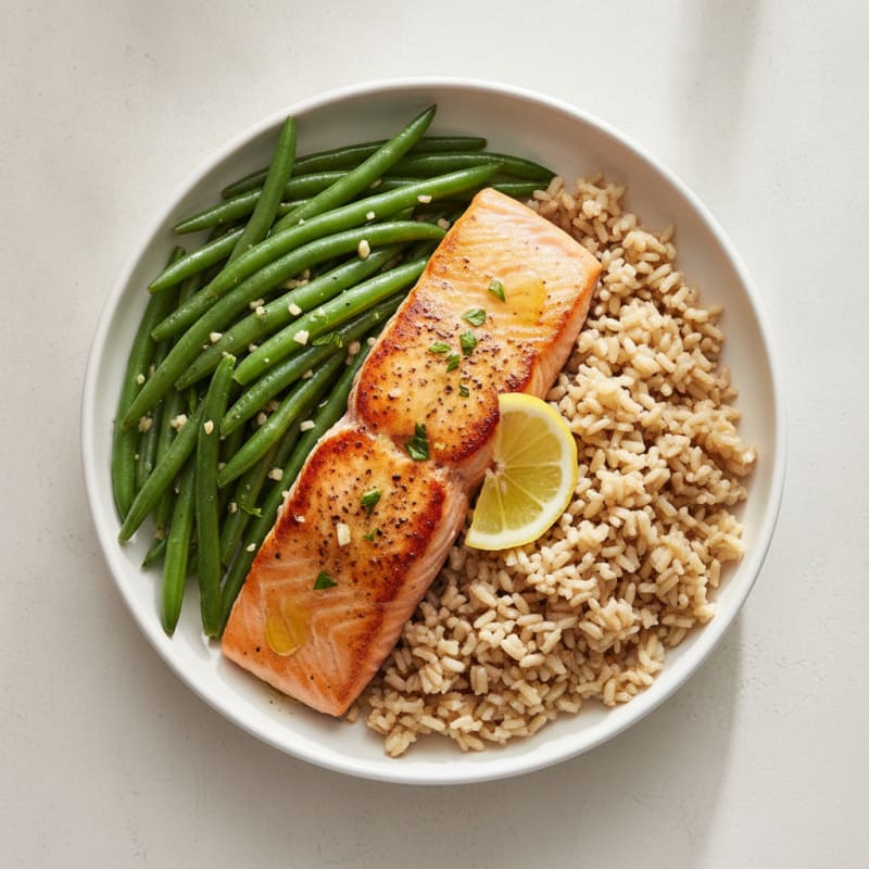 Seared Salmon with Garlic Green Beans and Brown Rice