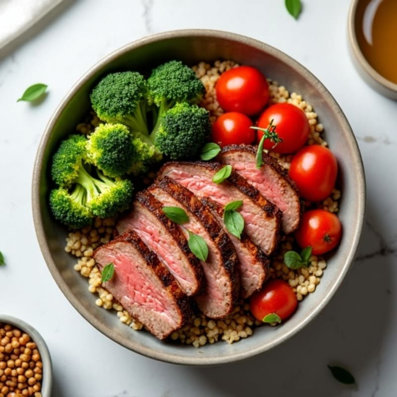 Grilled Steak and Quinoa Bowl with Roasted Broccoli and Cherry Tomatoes