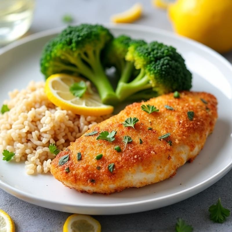Crispy Lemon Herb Chicken with Fluffy Brown Rice and Roasted Broccoli