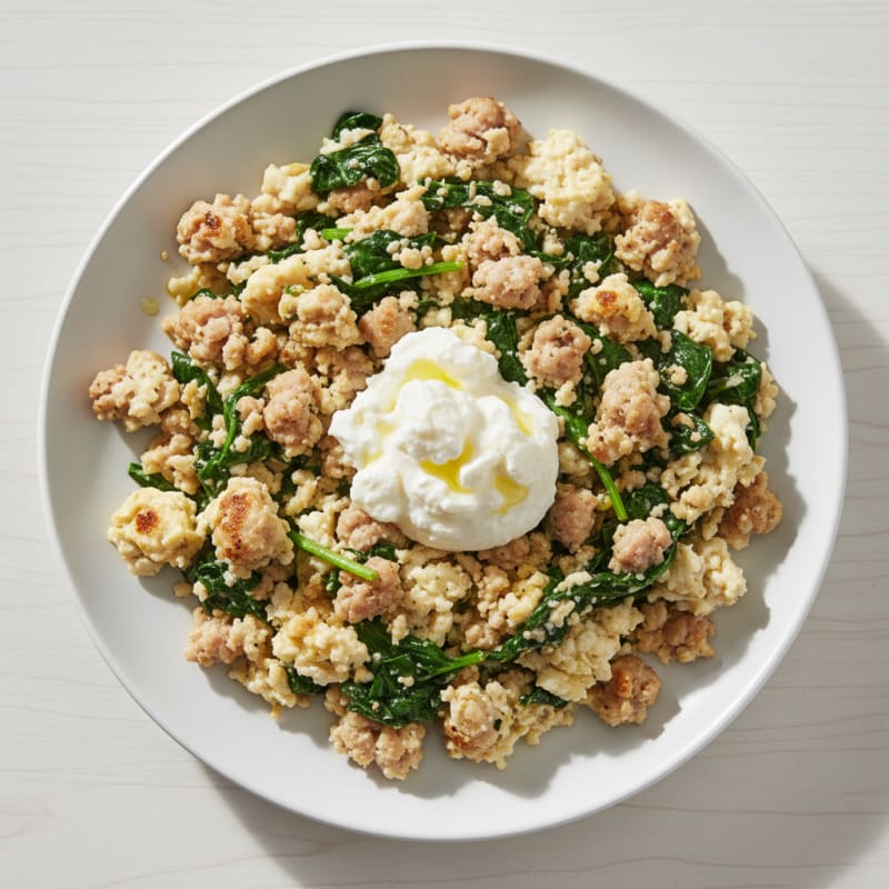 Egg White and Turkey Sausage Scramble with Spinach and Cottage Cheese