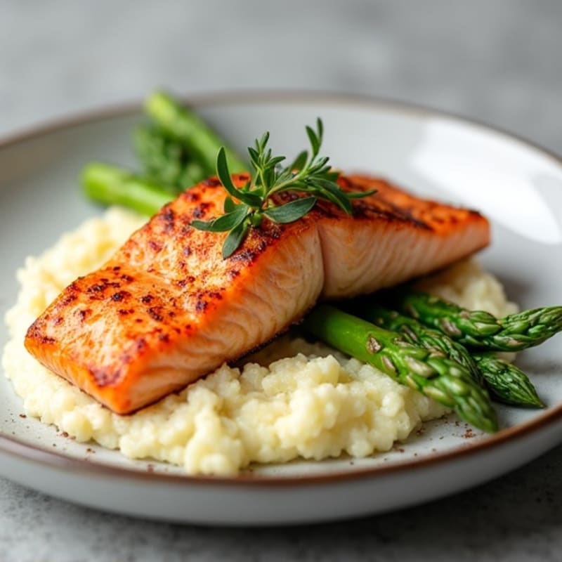 Seared Salmon with Steamed Asparagus and Cauliflower Mash