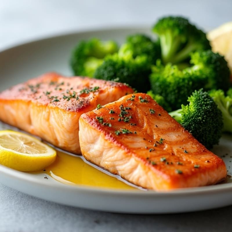 Seared Salmon Fillet with Steamed Broccoli and Lemon