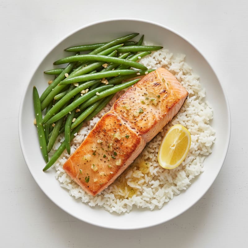 Seared Salmon Fillet with Steamed Jasmine Rice and Garlic Green Beans