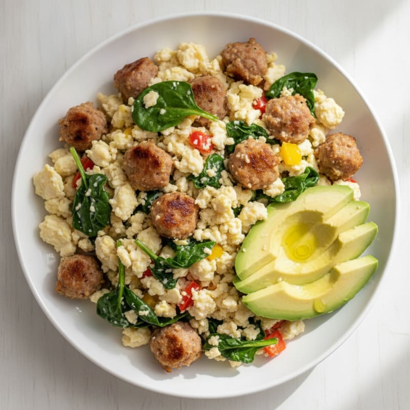 Egg White and Spinach Scramble with Turkey Sausage