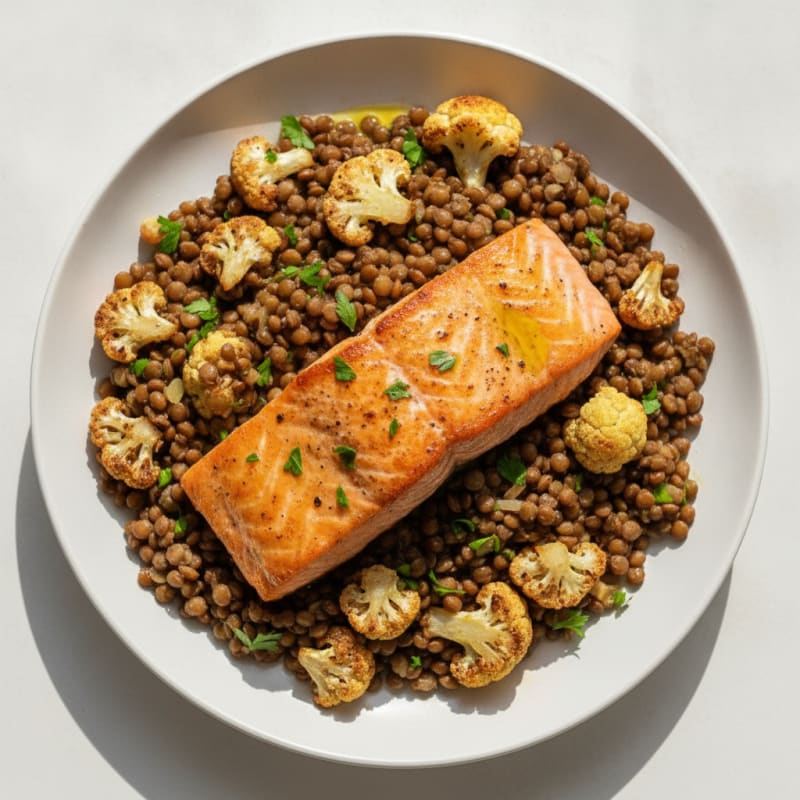 Seared Salmon with Roasted Cauliflower and Lentil Salad