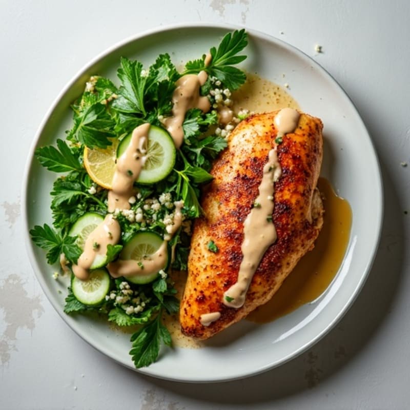 Spiced Roasted Chicken with Fresh Herb Salad and Creamy Tahini