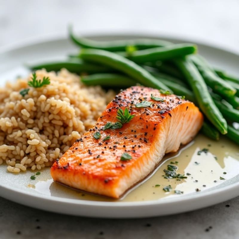 Seared Salmon Fillet with Garlic Green Beans and Brown Rice