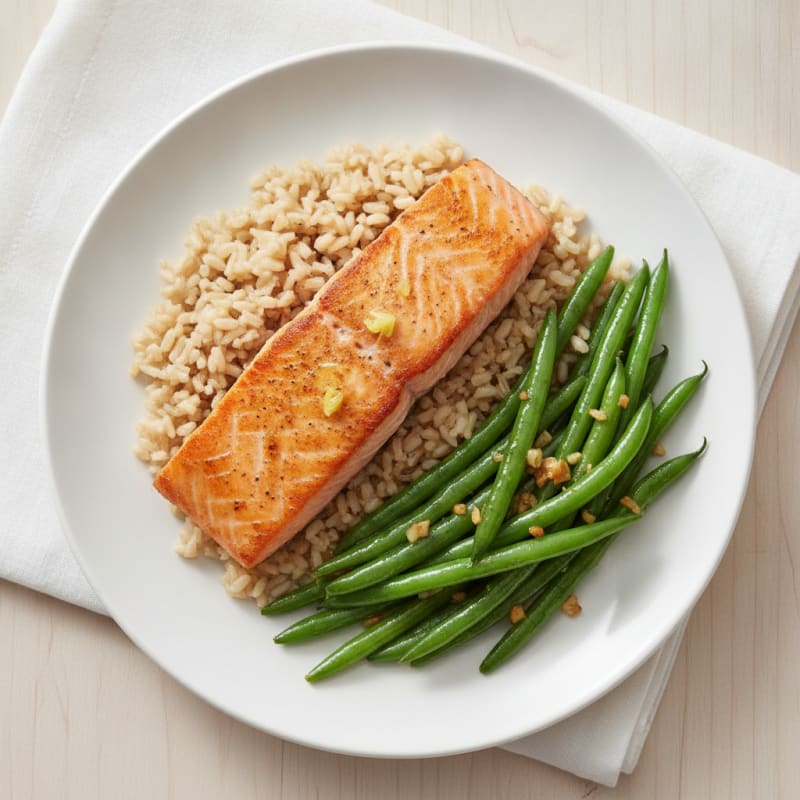 Seared Salmon Fillet with Garlic Green Beans and Brown Rice