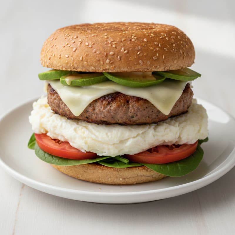 Egg White and Turkey Sausage Breakfast Burger with Tomato and Spinach