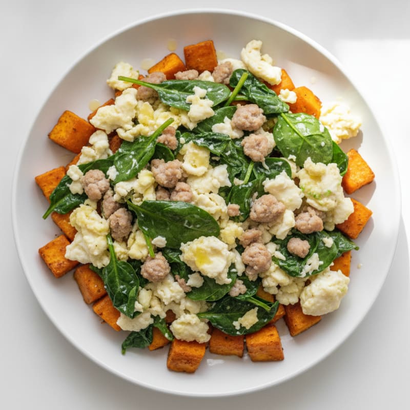 Egg White and Turkey Sausage Scramble with Spinach and Roasted Sweet Potato