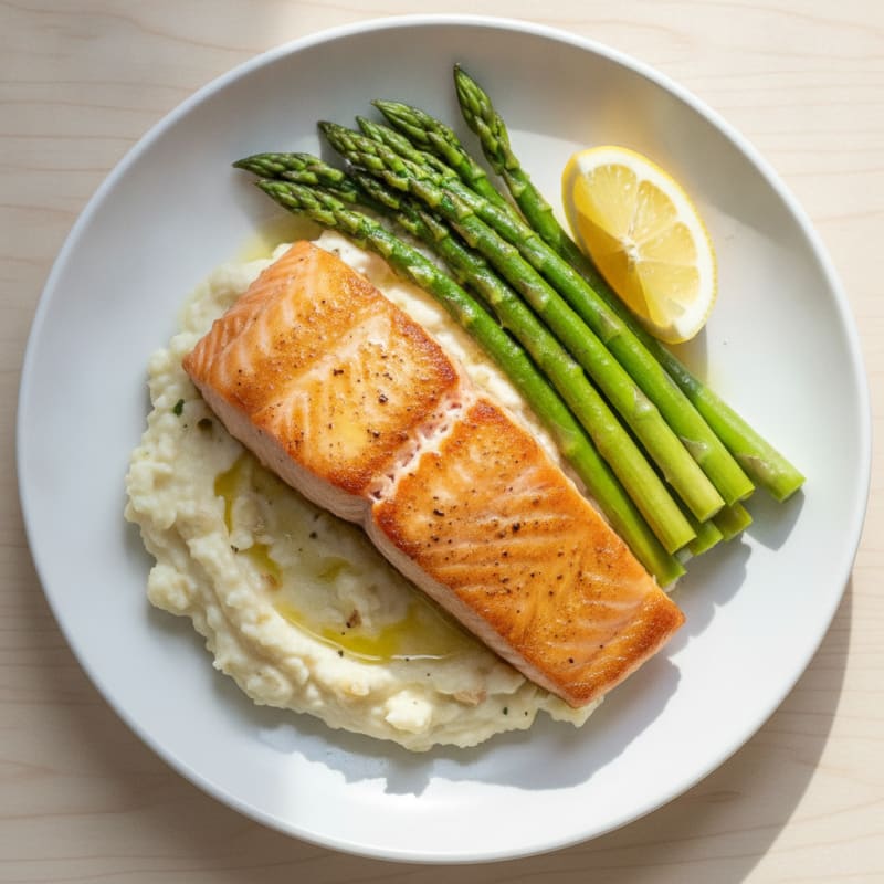 Seared Salmon Fillet with Steamed Asparagus and Cauliflower Mash
