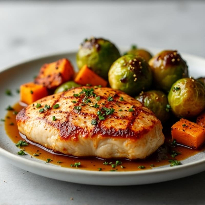 Pan-Seared Chicken with Balsamic Glazed Brussels Sprouts and Roasted Sweet Potatoes