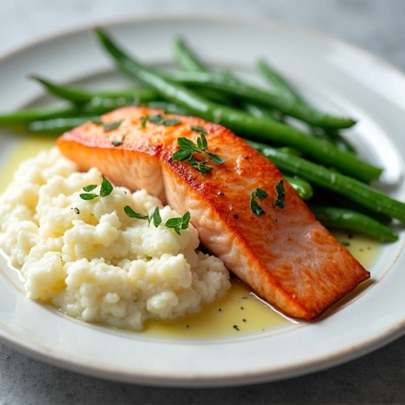 Seared Salmon with Steamed Green Beans and Garlic Mashed Cauliflower