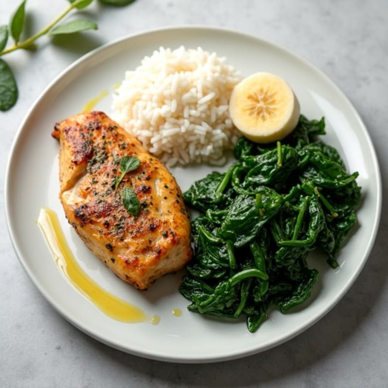 Herb-Seared Chicken Breast with Steamed White Rice and Garlic Sautéed Greens