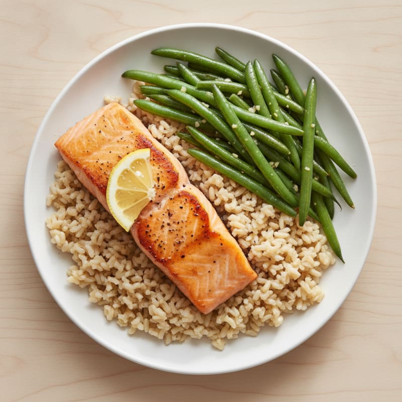 Seared Salmon with Garlic Green Beans and Brown Rice