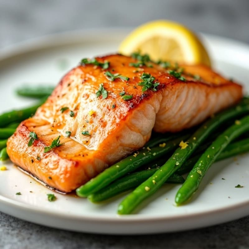 Lemon-Garlic Roasted Salmon with Crispy Green Beans