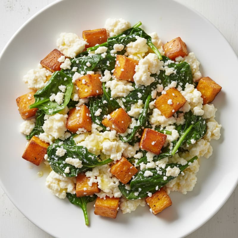 Egg White and Cottage Cheese Scramble with Spinach and Roasted Sweet Potatoes