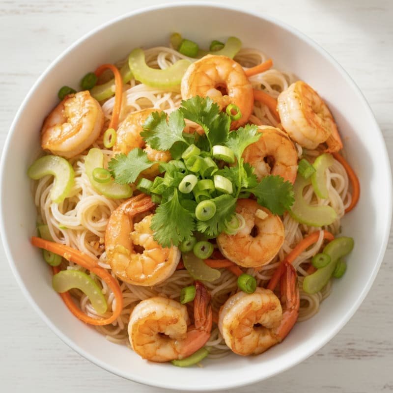 Shrimp Rice Noodle Bowl with Carrots, Celery, Green Onion and Cilantro