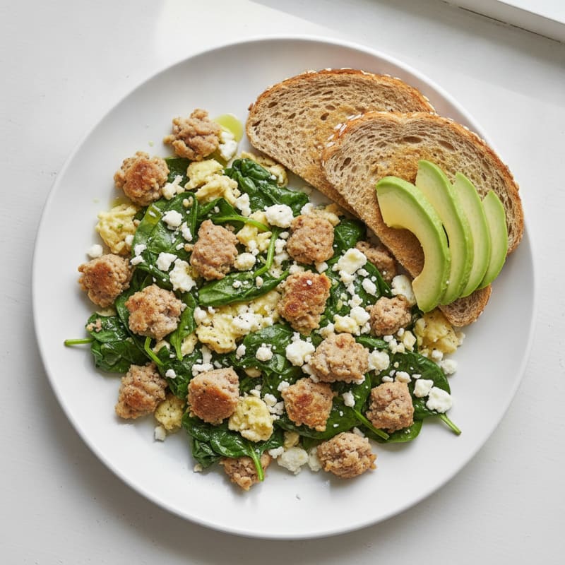 Egg White and Turkey Sausage Scramble with Spinach and Feta