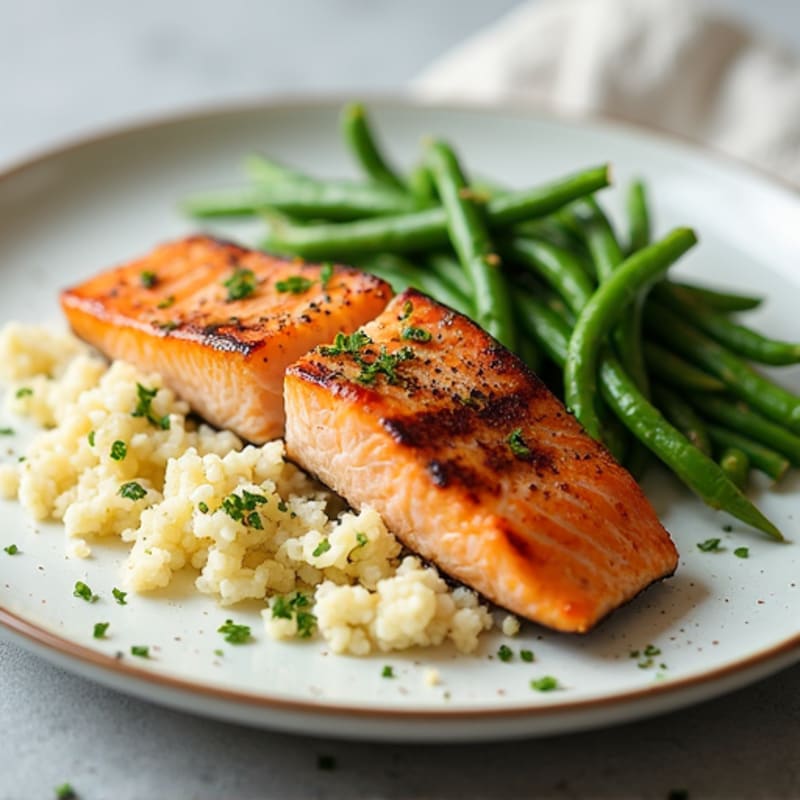 Seared Salmon with Garlic Green Beans and Cauliflower Rice