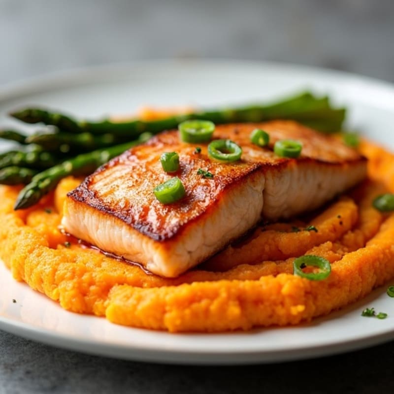 Seared Salmon with Asparagus and Sweet Potato Mash