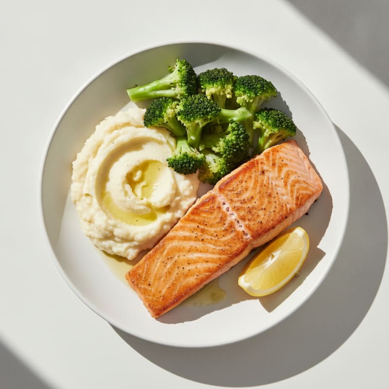 Seared Salmon with Steamed Broccoli and Garlic Mashed Cauliflower