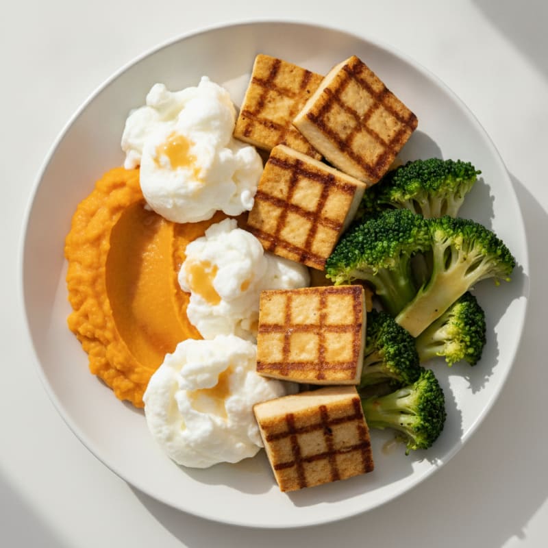 Grilled Tofu with Steamed Broccoli and Kumara Mash
